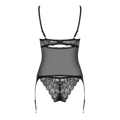 Conjunto de lingerie preto com corpete transparente e renda