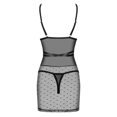 Vestido ou lingerie preta transparente com pontos e cinta acetinada