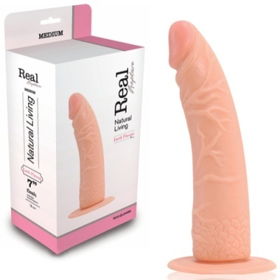 Dildo cor pele com ventosa e embalagem 'Real Natural Living'.
