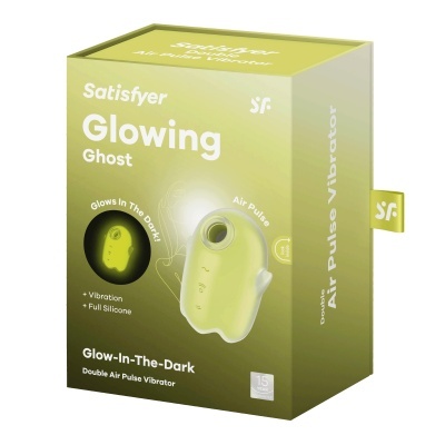 Embalagem verde degradê do vibrador Satisfyer Glowing Ghost com texto em branco e amarelo