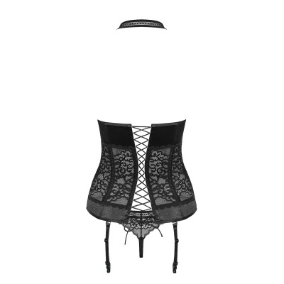 Corpete preto de renda com ajuste central e ligas