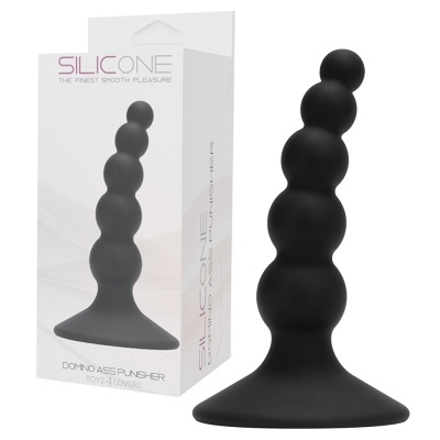 Plug anal preto de silicone com seis esferas e base larga junto à caixa branca com texto.