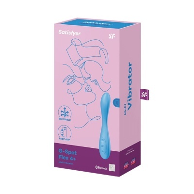Caixa de produto rosa e roxa com vibrador azul e desenho de dois rostos estilizados.