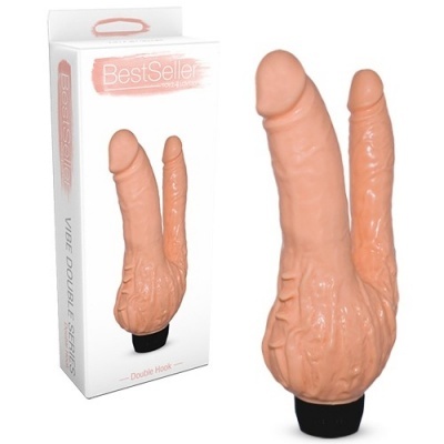 Vibrador duplo cor da pele com embalagem branca e rosa