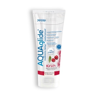 Frasco branco de gel AQUAglide com cerejas e texto azul e vermelho