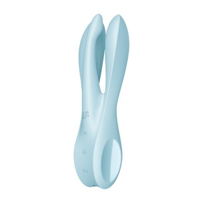 Vibrador azul claro em silicone com duas hastes e botões