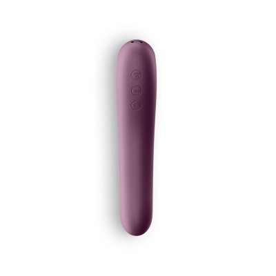 Vibrador roxo com três botões no centro sobre fundo branco
