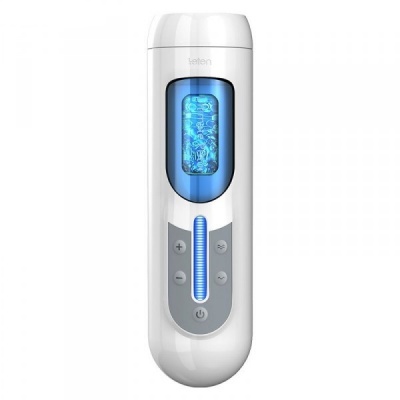 Dispositivo eletrônico branco com visor azul e botões cinzentos