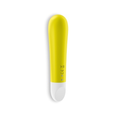Vibrador pequeno amarelo com base branca e luzes indicadoras