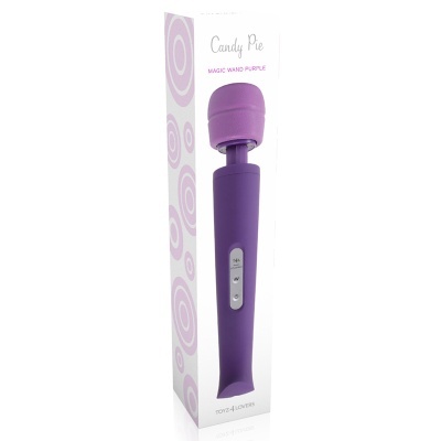 Massageador roxo Candy Pie na caixa branca com design lilás