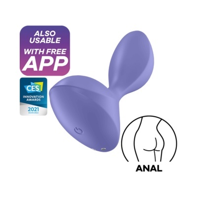 Produto ergonómico roxo para uso anal com texto e ícones promocionais.