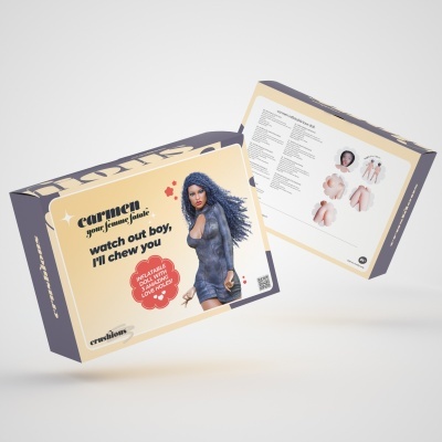 Duas caixas de produtos com design lilás e bege, imagem de mulher e textos em inglês