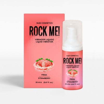 Vibrador líquido ROCK ME! sabor fresa com embalagem rosa e imagem de morango.