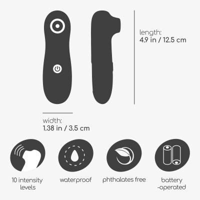 Dispositivo preto pequeno com botão e dimensões indicadas
