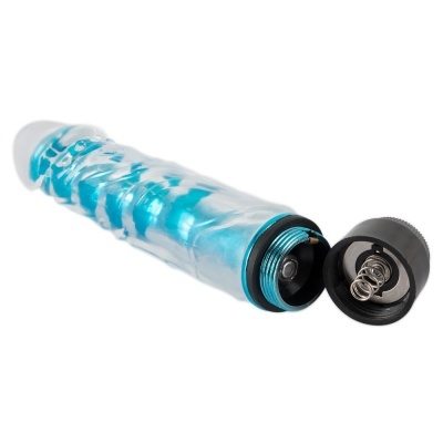 Vibrador azul transparente com tampa preta destacada