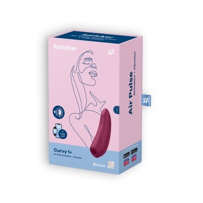 Caixa cor-de-rosa e azul com desenho de rosto feminino e vibrador curvo bordô