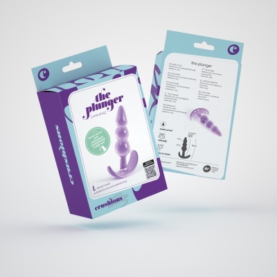 Embalagem do brinquedo sexual 'the plunger' de silicone roxo com descrição e especificações técnicas