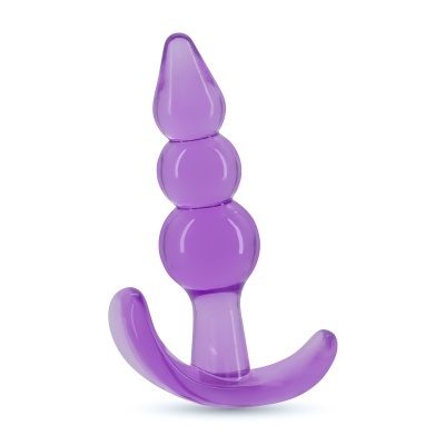 Produto em silicone roxo translúcido com formato cónico e base curva