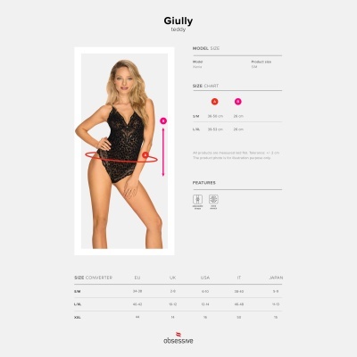 Body preto de renda Giully em modelo feminino e tabela de tamanhos