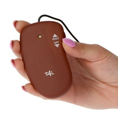 Comando remoto castanho com texto 'HIGH OFF T4L' na mão