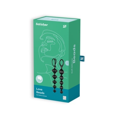 Embalagem verde e azul do produto Satisfyer Love Beads com contas sexuais pretas