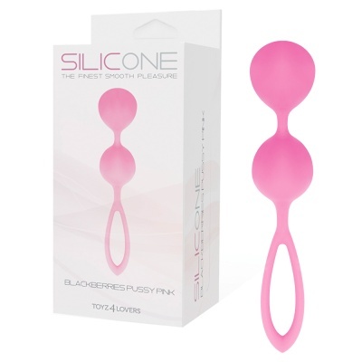 Produto em silicone cor-de-rosa com duas bolas e argola ao lado de embalagem branca com texto