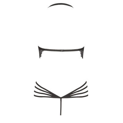 Conjunto de lingerie preta com sutiã de fecho frontal e cueca de tiras finas