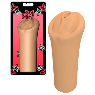Masturbador masculino em silicone bege com embalagem rosa e texto 'SEX PLEASE'