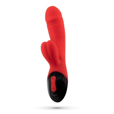 Vibrador vermelho de silicone com estimulador de coelho e base preta