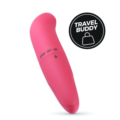 Produto cor-de-rosa curvo com marcações OPEN OFF ON e selo TRAVEL BUDDY