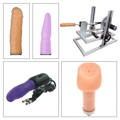 Cinco produtos eróticos, vibradores em diversas cores e uma máquina metálica com alça de madeira