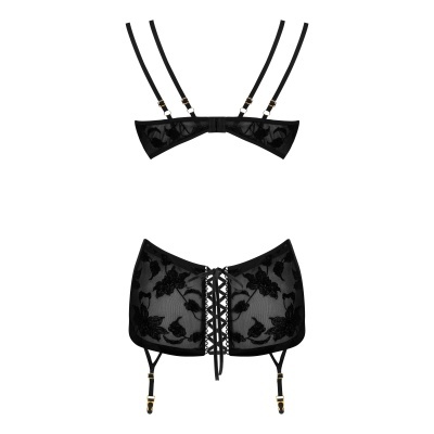 Conjunto de lingerie preto em renda com padrão floral, sutiã e cinta-liga