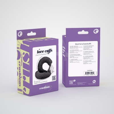 Embalagem roxa de algemas felpudas pretas com texto em inglês e design moderno