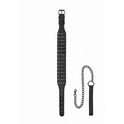 Coleira preta com rebites metálicos e trela de corrente preta