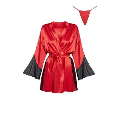 Robe vermelho acetinado com mangas negras e tanga fina vermelha