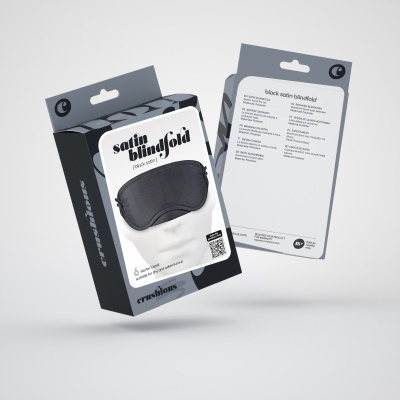 máscara de dormir em cetim preta com embalagem preta e branca