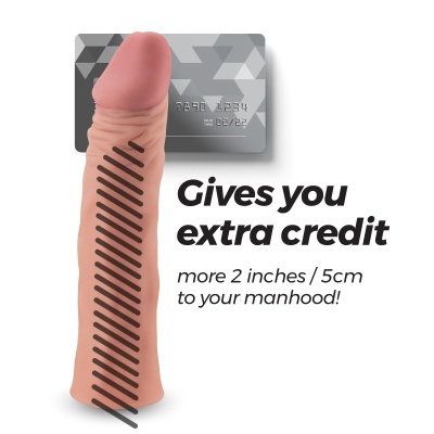 Extensor peneano em silicone com cartão de crédito ao fundo e texto promocional