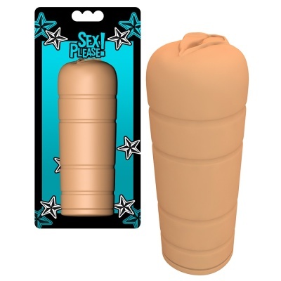 Brinquedo erótico masculino cor de pele em embalagem preta e azul com texto SEX! PLEASE!