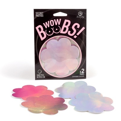 Pasties adesivos para seios com cores iridescentes em embalagem preta.