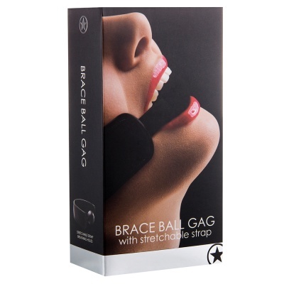 Embalagem de BRACE BALL GAG com foto close de duas bocas femininas e bola preta.