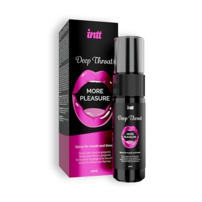 Spray intt Deep Throat com embalagem preta e rosa e frasco preto com tampa prateada