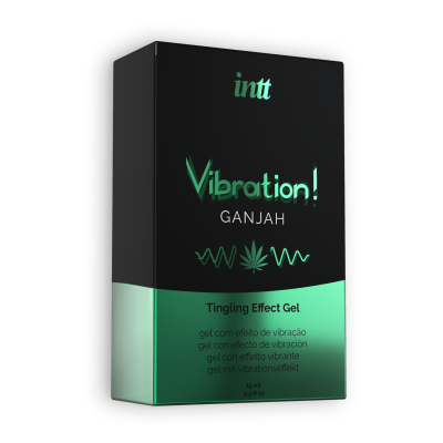 Embalagem preta e verde metalizada de gel Vibration! GANJAH da intt