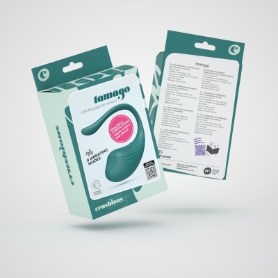 Embalagem do produto 'tamago' com dispositivo verde e texto sobre modos de vibração