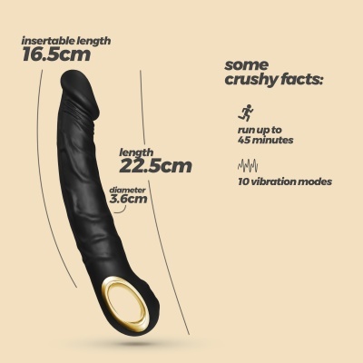Vibrador preto com base dourada e medidas indicadas