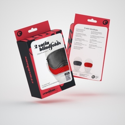 Embalagem com dois venda-olhos de cetim preto e vermelho