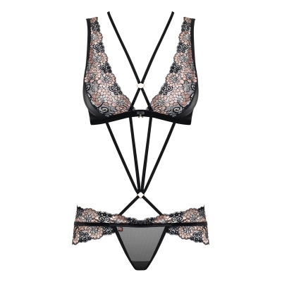 Conjunto de lingerie preto com renda bege e tiras finas