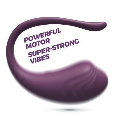 Vibrador curvo roxo com texto promocional ao fundo