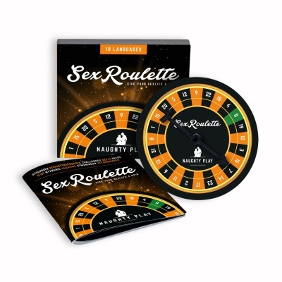 Jogo Sex Roulette com base giratória, embalagem e manual pretos e laranja