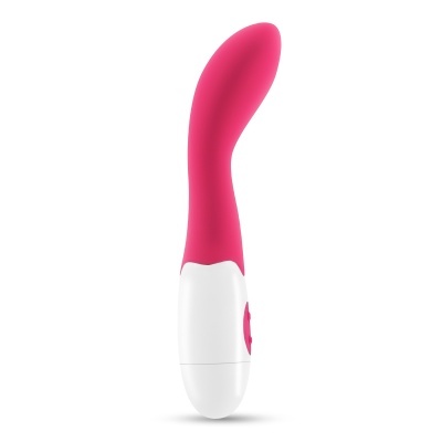 Vibrador curvo rosa com base branca e botão lateral
