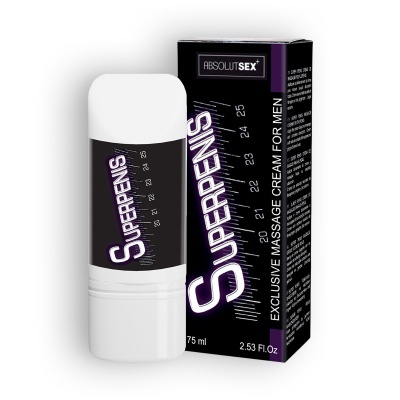 Frasco branco de creme SuperPennis com embalagem preta e detalhes em roxo para massagem masculina.